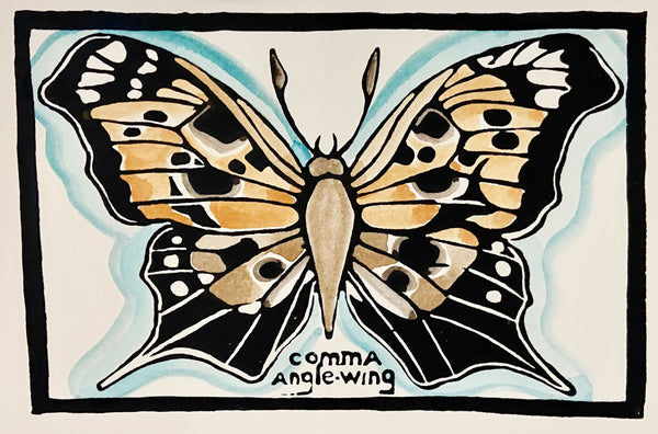 Signed 4-Inch Linoleum Block Print of a Butterfly with Birds - Farfalla